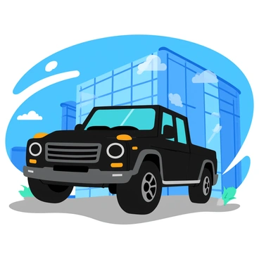 A sleek black G-Wagon is parked in front of a large glass building. The building's facade reflects the vehicle prominently, showcasing the shiny surface of the G-Wagon. The surrounding environment includes a clear blue sky and a few fluffy white clouds. The reflection captures the intricate details of the building's modern architecture, complementing the rugged design of the G-Wagon. The scene is set during the day, with bright sunlight illuminating the entire composition.