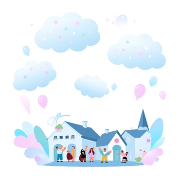 A parade of clouds dressed in costumes floating above a cheerful town