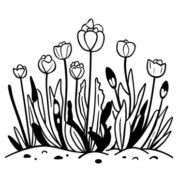 A field populated with various types of plants, showcasing "poppies" emerging prominently among them. The plants have varying heights and structures, with some displaying delicate "budding" flowers ready to bloom. The foreground features a generous spread of "poppy" flowers, their distinctive shape and form clearly defined. In the background, additional "budding" plants can be seen, adding depth to the scene. The ground is textured with visible soil and scattered leaves, giving the impression of a vibrant spring environment.