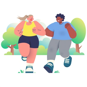 A pair of friends is running side by side on a bright, sunny day. One friend has light brown hair tied in a ponytail, wearing a bright yellow tank top and black shorts, while the other friend has curly black hair, dressed in a blue T-shirt and gray leggings. They both have wide smiles on their faces, radiating joy as they encourage each other. Surrounding them is a green park with vibrant trees and soft grass underfoot, creating a lively and energetic atmosphere.