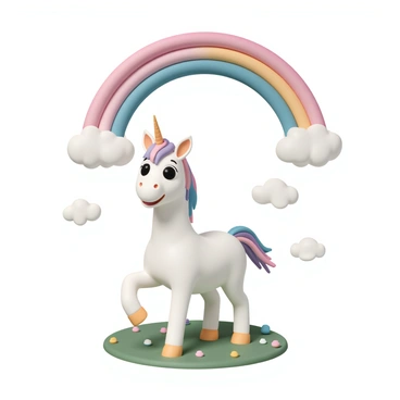 A cartoon unicorn, featuring a white body and a vibrant, sparkling mane in shades of pink, blue, and purple. The unicorn stands proudly under a large, colorful rainbow that arches across the sky. Its tail complements the mane, flowing elegantly behind it. The unicorn's eyes are large and expressive, radiating joy as it poses on a grassy field scattered with small, colorful flowers. Soft clouds drift in the background, enhancing the whimsical atmosphere of the scene.
