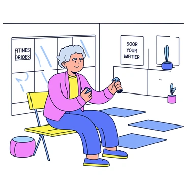 An elderly person with gray hair is performing concentration curls with light weights. The individual is seated on a simple wooden bench, exhibiting a focused expression. The weights are small, designed for ease of use. Surrounding them is a bright and welcoming community center space, with a few exercise mats laid out on the floor and a large window allowing natural light to stream in. On the walls, there are motivational posters encouraging fitness and wellness.
