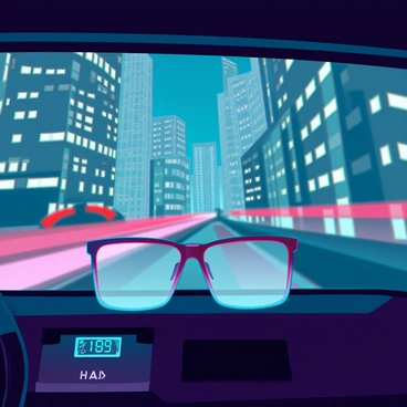 A view of a bustling city skyline visible through a pair of glasses resting on the dashboard of a taxi. The glasses have a sleek, modern design with thin frames. In the background, the skyline features tall skyscrapers with illuminated windows against a night sky. Traffic lights are glowing red, yellow, and green, creating a vibrant scene of urban activity. The taxi's interior is partially visible, showing the front seats and a digital meter displaying the fare. Clear reflections of the cityscape are captured on the lenses of the glasses.