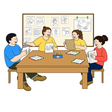 A joyful family of four sitting around a large wooden table, engaged in a game of Pictionary. The father has short black hair and is wearing a blue t-shirt, while the mother has long brown hair tied back and is dressed in a yellow blouse. Their two children, a boy with curly hair and a girl with pigtails, are excitedly holding drawing boards. The table is covered with colorful crayons, papers filled with various sketches, and a timer. Laughter fills the air as the family shares amusing interpretations of their drawings. The background has playful doodles pinned on a board, adding to the lively atmosphere.