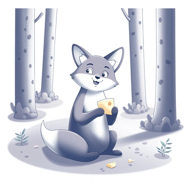 A fox with a bushy tail is sitting on its haunches in a forest clearing. Its ears are perked up, and its eyes are wide with delight as it holds a piece of cheese in its paws. Surrounding the fox are tall trees with textured bark and a carpet of fallen leaves on the forest floor. Soft shadows cast by the trees add depth to the scene. A few ferns and wildflowers are visible in the foreground, enhancing the natural setting. The expression on the fox’s face conveys happiness, making the moment lively and engaging.