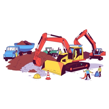 An assortment of construction vehicles actively working at a site