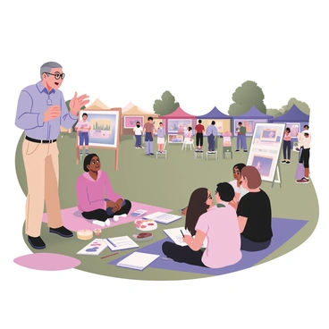 A professor with gray hair and glasses is standing in front of a group of young artists at an outdoor art festival. He is wearing a light-blue button-up shirt and khaki pants. The professor is animatedly explaining a concept, using hand gestures to illustrate his points. The budding artists, a diverse group of young adults, are sitting on colorful blankets spread out on the grass, surrounded by various art supplies like paintbrushes, sketchbooks, and palettes. Some of the artists are sketching while others are listening intently. Colorful tents and vibrant artwork are displayed in the background, creating a lively atmosphere filled with creativity and inspiration. A few trees provide shade, and there are small groups of festival-goers casually walking by and admiring the art.