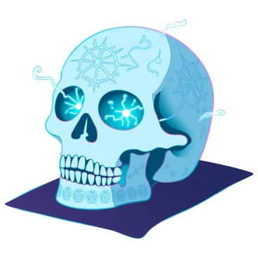 An intricately carved skull with glowing runes and mystical symbols