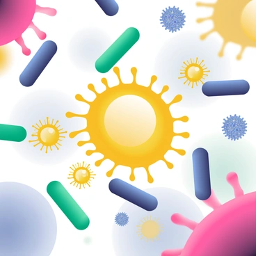 A dramatic scene in a microscopic world depicts immune cells actively engaging with bacteria. In the foreground, a cluster of bright, round immune cells with distinct membranes is shown, some extending pseudopodia towards the elongated, rod-shaped bacteria. The bacteria vary in color, with some being a vibrant green and others a deep blue, showcasing their different types. Around them, a rich array of other immune cells can be seen, with textured surfaces and intricate shapes, creating a dynamic battle atmosphere. The background is filled with a soft focus of swirling colors representing the fluid environment of the microscopic world.