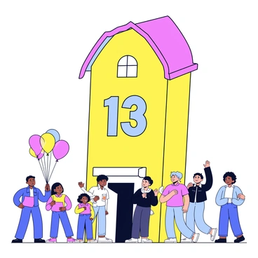 A tall building with a quirky architectural design, painted in bright colors. The number "13" is displayed prominently on the front of the building in bold, playful font. A group of curious onlookers stands in front of the building, looking up with expressions of wonder. Some of the onlookers are children holding balloons, while others are adults with surprised looks on their faces. The scene captures a sense of intrigue and excitement.