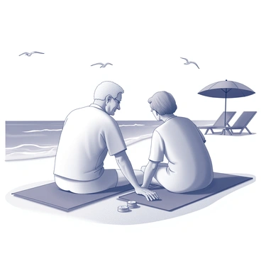 An elderly couple sitting on a beach. The man is wearing a light-colored shirt and shorts, while the woman is dressed in a loose-fitting dress. They are positioned on beach towels, facing each other, with a sense of comfort and familiarity. A small stack of coins is placed on the sand beside them, representing their retirement savings. The beach features gentle waves lapping at the shore, and there are beach umbrellas in the background, providing shade. Seagulls can be seen in the sky, adding to the coastal atmosphere.