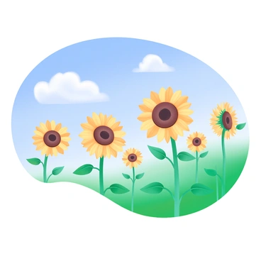 A vibrant field of sunflowers with tall, bright yellow petals and sturdy green stems swaying gently in the breeze. Each sunflower has a large, dark center surrounded by layers of smaller yellow petals. The sunflowers are arranged in neat rows, stretching towards a clear blue sky above. Some sunflowers have their heads tilted slightly, as if soaking up the sun, while others stand tall and proud, showcasing their full blossoms. In the background, a few fluffy white clouds float peacefully, adding depth to the scene. The overall impression is one of warmth and vitality, filled with the essence of summer.