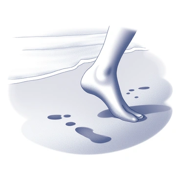 A pair of bare feet stepping onto a sandy beach. The toes are partially buried in the soft, light sand, while the gentle waves of the ocean approach, with water splashing lightly against the toes. The footprints left behind in the sand are visible, indicating the path taken along the shoreline. The background features more sand and the smooth curve of the beach meeting the ocean.