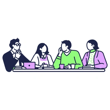 A group of five people is seated around a rectangular table, engaged in a deep philosophical discussion. There is a man on the left with glasses, wearing a dark blazer, gesturing thoughtfully while leaning slightly forward. Across from him, a woman with long hair, dressed in a light sweater, is listening intently, resting her chin on her hand. To the right, another man in a casual shirt is taking notes in a notebook, a pen poised above the page. Next to him, a woman in a patterned blouse is contributing her thoughts, with animated hand movements. At the end of the table, a man with a beard, wearing a turtleneck, is looking contemplatively at the group, as if pondering a complex idea. The table is cluttered with books, a laptop, and coffee mugs, creating a lively atmosphere of intellectual exchange.