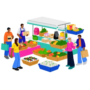 A bustling market scene filled with various vendors operating stalls. Each vendor displays an array of products packaged in colorful biodegradable materials. Fresh fruits and vegetables are beautifully arranged in woven baskets, showcasing vibrant colors. Nearby, a vendor sells handmade soaps wrapped in natural paper. Another stall offers snacks, with items contained in eco-friendly containers. Shoppers can be seen interacting with the vendors, some examining the goods while others hold shopping bags made from recycled materials. The atmosphere is lively with people chatting and enjoying the market experience.