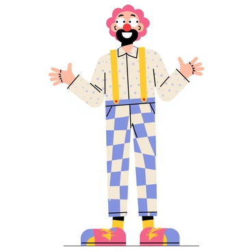 A comedian with a large, exaggerated head and oversized round glasses stands on a stage. The character features a bright red clown nose and a wide, toothy grin. The costume consists of a polka-dotted shirt with large puffy sleeves and bright yellow suspenders. The comedian wears large, baggy pants that are checkered in pattern. Colorful oversized shoes complete the outfit. The comedian is in a lively pose, gesturing animatedly while smiling at an unseen audience.