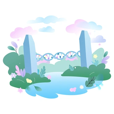 A vibrant landscape features a winding river made of nucleotide sequences connecting two towering structures, one resembling a double helix of DNA and the other a single strand of RNA. The nucleotides are depicted as colorful geometric shapes, creating a bridge across the river. Lush greenery and colorful flowers surround the scene, while the sky is filled with gradient pastel hues transitioning from pink to blue. Wispy clouds float gently overhead, adding to the dynamic atmosphere of the landscape.
