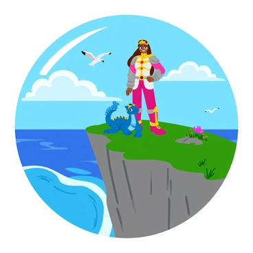A heroic woman with long flowing hair stands confidently on a cliff. She is dressed in a detailed armor adorned with intricate designs and vibrant colors. Beside her sits a mystical pet, resembling a small dragon with shimmering scales that sparkle in shades of blue and green. The cliff is rugged and textured, with patches of grass and wildflowers growing amidst the stones. Below, the sea stretches out, reflecting the bright sunlight and displaying gentle waves. A few seagulls can be seen flying in the clear blue sky above.
