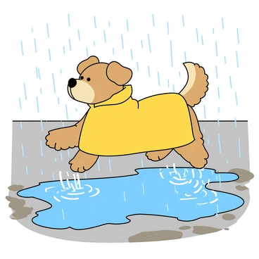 A small dog with fluffy fur, wearing a bright yellow raincoat, jumps energetically through a series of large puddles. The dog's ears are flopping as it moves, and raindrops are splashing all around. The raincoat is shiny and catches the light, with the dog's tail wagging happily behind it. Each puddle creates a small fountain of water as the dog splashes down, and the ground is a mix of gray asphalt and muddy patches. In the background, there are faint outlines of trees, blurred by the rain.