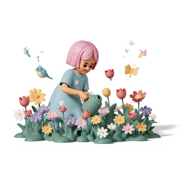 A young girl with short, bright pink hair is kneeling in a vibrant garden filled with an array of colorful flowers, including red tulips, yellow daisies, and purple petunias. She is wearing a light blue dress adorned with small floral patterns. The girl is gently watering the flowers with a green watering can, her expression focused and cheerful. Surrounding her are butterflies fluttering and singing birds perched on nearby branches, adding to the lively atmosphere of the garden.