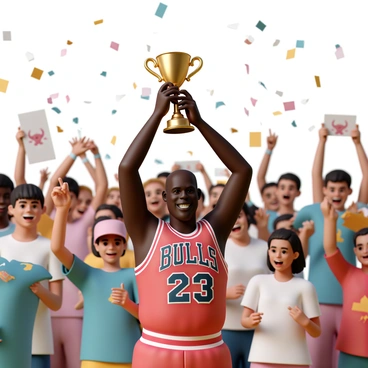 Michael Jordan, wearing his red Chicago Bulls jersey with the number 23, is holding the shiny MVP trophy above his head with a proud smile. He stands in the center of a vibrant crowd, with fans wearing various Bulls apparel, waving banners and cheering enthusiastically. The background is filled with joyful faces, some with arms raised in celebration. Confetti is falling through the air, adding to the festive atmosphere. The scene conveys the excitement and energy of a championship celebration.