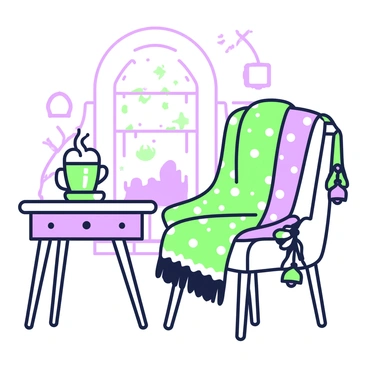 A cozy winter scarf is displayed draped over a wooden chair. The scarf features soft, textured fabric and a rich pattern that adds depth. Small jingle bells are attached to the fringes, gleaming subtly and catching the light. The chair is positioned near a softly glowing fireplace, with a light dusting of snow visible through a nearby window, creating a warm, inviting atmosphere. A mug of steaming hot chocolate sits on a nearby table, completing the winter scene.