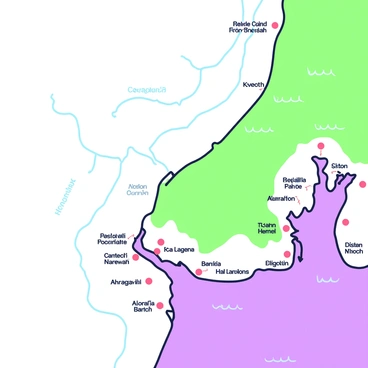 A detailed map of a coastline displaying various geographical features. The coastline curves with different terrains such as sandy beaches and rocky cliffs. Strategic points are marked clearly with "red" symbols, indicating locations of interest along the shore. There are labels for nearby towns and landmarks, and the ocean is represented with waves and currents. The map includes contour lines to show elevation changes along the coast.