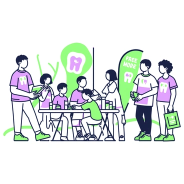 A lively scene depicting a dental awareness campaign in an outdoor park setting. Several volunteers are actively engaging with the public, handing out colorful fliers. One volunteer is a young man with short hair, wearing a shirt emblazoned with a dental logo, while another volunteer, a young woman with curly hair, is smiling as she demonstrates proper tooth-brushing techniques to a group of children. Nearby, a table is set up displaying dental products such as toothbrushes and toothpaste. Banners with dental health messages are visible in the background, creating an engaging atmosphere. A few people are gathered around to learn more and receive free samples.