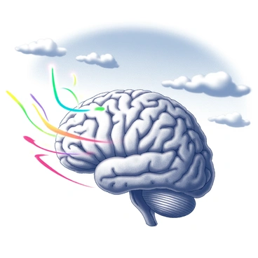 A brain emitting a rainbow of colors in a clear blue sky