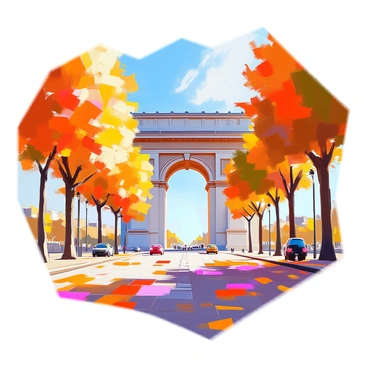 The Arc de Triomphe stands majestically, surrounded by a variety of trees showcasing vibrant autumn leaves. The leaves are a mix of fiery red, bright orange, and deep yellow, creating a striking contrast against the stone structure of the arch. The ground is covered in a carpet of fallen leaves, enhancing the seasonal atmosphere. In the background, the clear blue sky provides a bright backdrop, highlighting the grandeur of the Arc de Triomphe. The composition captures the essence of autumn in a bustling city.