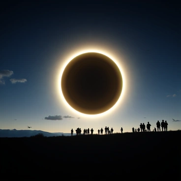 A solar eclipse occurring with the moon positioned directly in front of the sun. The moon appears as a dark silhouette against the bright, glowing rim of the sun. The sky is a deep blue, transitioning to a lighter hue at the horizon. There are a few wispy clouds scattered across the sky. The sunlight is partially obscured, casting an ethereal light on the landscape below. Some birds can be seen flying in the distance, and the temperature appears to drop slightly, indicating the momentary obscuration of the sun. Spectators are gathered, looking up in awe, some wearing protective glasses to observe the phenomenon.