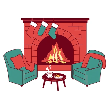 A red living room features a crackling fireplace with bright orange flames dancing inside. Above the fireplace, there are three colorful stockings hung neatly on a wooden mantle. The stockings are red, green, and white, contrasting against the warm tones of the room. A plush, teal sofa is positioned in front of the fireplace, adorned with cozy blankets and decorative pillows. A small wooden coffee table sits in the center, holding a steaming cup of hot cocoa and a plate of cookies. The soft glow from the fireplace casts a warm light, creating a welcoming atmosphere.