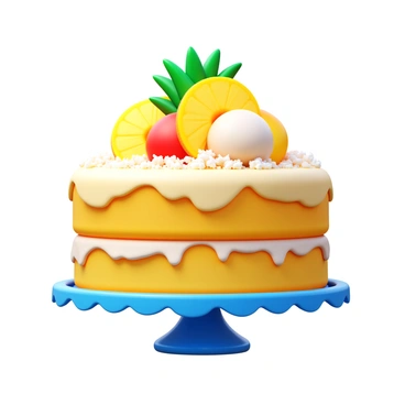 A tropical-themed gateau with layers of fluffy sponge cake. The cake is decorated with vibrant slices of "pineapple", "coconut", and "mango" arranged artistically on top. The frosting is light and creamy, with hints of vanilla, and is garnished with shredded coconut and a drizzle of tropical fruit syrup. The overall presentation is colorful and inviting, placed on a decorative cake stand.