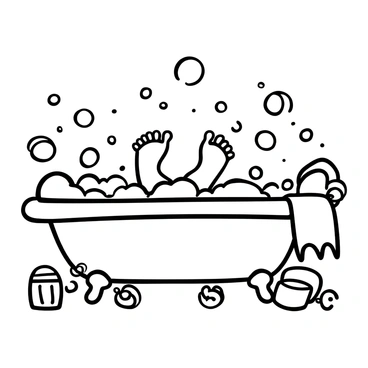 A pair of small baby feet emerging from a bubbly bath, with water droplets splashing around them. Surrounding the feet are numerous bubbles of varying sizes, floating and some resting on the surface of the water. The background shows the edge of the bathtub with a soft towel draped over it. Several bath toys are scattered around the tub, enhancing the playful atmosphere.