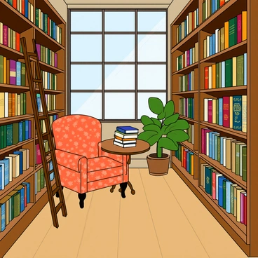 A quaint vintage bookshop with wooden floors and tall shelves, reaching towards the ceiling, filled with colorful, illustrated books. Some of the books have ornate spines featuring gold lettering, while others display vibrant cover art. A small wooden ladder leans against one of the shelves, inviting exploration. Soft, warm light filters through large windows, casting gentle shadows across the room. A plush, patterned armchair is placed in a cozy reading nook, alongside a small round table stacked with more books. A potted plant adds a touch of green to the inviting atmosphere.