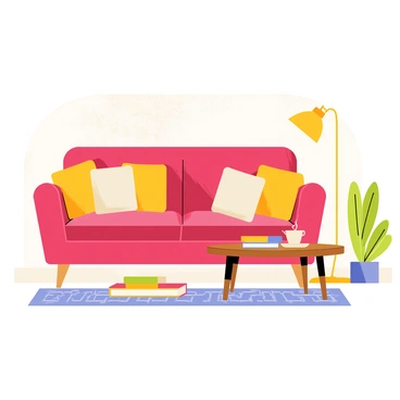 A plush velvet sofa in a rich burgundy color is positioned against a textured wall. The sofa is adorned with several fluffy cushions in various shades of gold and cream. A warm, soft light emits from a stylish floor lamp beside the sofa, casting a gentle glow over the space. A round wooden coffee table sits in front of the sofa, topped with a small stack of colorful books and a steaming cup of tea. A patterned rug lies underfoot, adding warmth to the cozy living room atmosphere. A potted plant in the corner adds a touch of greenery to the scene.