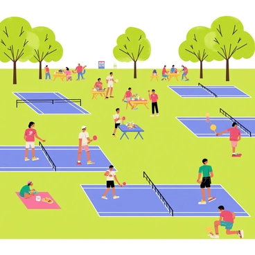 A vibrant neighborhood gathering featuring several pickleball courts arranged in a spacious park area. Each court has a bright blue surface with white lines marking the boundaries. Participants of various ages are engaged in games, showcasing their skills with paddles in hand. Some players are wearing colorful athletic gear, while others are cheering from nearby picnic tables. Families are enjoying food and drinks, with picnic blankets spread out on the grass. In the background, tall trees provide shade and a blue sky is visible above, indicating a sunny day.