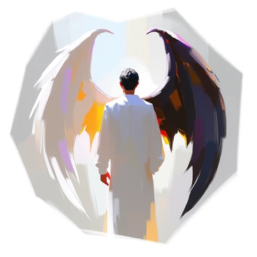 A pair of wings displayed in contrast, one wing is angelic, featuring soft, white feathers that gently curve and shimmer with hints of light. The second wing is demonic, covered in dark, scaly skin with sharp edges and a rugged texture. The wings are positioned behind a central figure, showcasing the stark difference in their design and colors. The angelic wing extends outward gracefully, while the demonic wing looms larger with a more imposing presence. The overall effect emphasizes the dichotomy between light and darkness.
