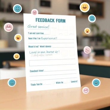 A feedback form displayed on a wooden table, featuring neatly arranged sections for comments and ratings. The form is filled with handwritten positive comments, such as "Great service!" and "Loved the experience!" Scattered around the form are colorful smiley face stickers, with a variety of expressions including happy, cheerful, and joyful. The background includes a soft-focus view of a cozy café setting, enhancing the warm and inviting atmosphere.