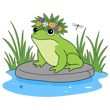 A small, green frog sits on a smooth, flat stone by a pond. The frog is adorned with an intricate crown made of colorful wildflowers and lush green leaves that gently rest upon its head. The flowers include shades of yellow, purple, and white, creating a vibrant and lively appearance. The frog's large round eyes glisten in the sunlight, and its smooth, wet skin reflects the surrounding greenery. The pond is surrounded by tall grasses and blooming plants, with a few dragonflies buzzing nearby. The scene conveys a whimsical atmosphere, highlighting the frog's royal look in its natural habitat.
