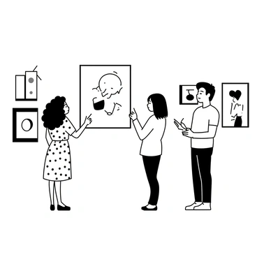 A group of three friends standing in a modern art gallery, examining a large abstract painting on the wall. One friend, a woman with curly hair wearing a patterned dress, points at the artwork with an intrigued expression. Another friend, a man with short hair dressed in a casual t-shirt and jeans, is leaning in closely to discuss the piece. The third friend, a woman with straight hair wearing a light sweater, is taking notes in a small notebook, looking thoughtful. Various artworks of different shapes and sizes are displayed on the walls around them, creating an engaging atmosphere.