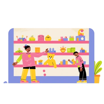 Polly Pocket is a small figure with bright clothing, exploring a tiny toy store filled with vibrant shelves. The shelves are stocked with an array of colorful toys, including plush animals, action figures, and building blocks. Polly is standing in front of a shelf, reaching out to a cute yellow teddy bear. The store has a cheerful atmosphere, with pastel-colored walls and playful patterns. In the background, there are a few other tiny figures engaged in playing with toys.