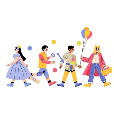 A group of children dressed as various fairytale characters is marching in a mini-parade. One child is wearing a sparkling blue gown and a crown, representing a princess. Another child is dressed as a brave knight, complete with shiny armor and a toy sword. A third child is in a colorful red cloak, resembling a fairytale character with a basket in hand. Balloons of different colors float above the children's heads, and a small banner that reads "Mini-Parade" is held at the front. The scene is lively, with smiles on the children's faces as they march together.