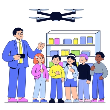 A store employee is standing beside a sleek, modern drone with a shiny black body. The employee is holding a remote control, showcasing the drone's features. Above the employee, the drone is hovering with its propellers spinning gently. In front of the employee, there is an excited group of customers, including children and adults, all looking up at the drone with wide eyes and big smiles. The background includes shelves filled with various electronic gadgets and colorful displays.