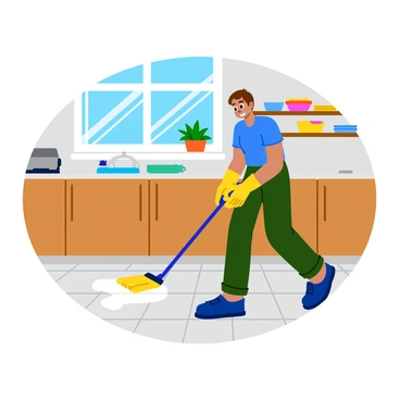 A person mopping a tiled floor in a sunlit kitchen