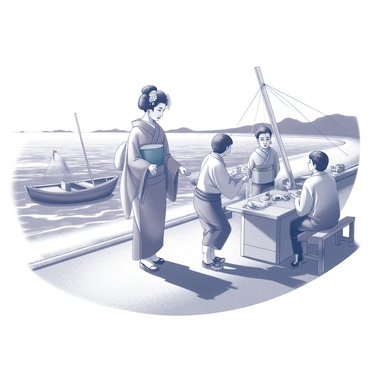 A geisha in a traditional kimono is walking along a narrow path in a coastal fishing village. She has elaborate hairstyles adorned with hairpins and flowers. Nearby, local fishermen are mending their nets and preparing their boats for the day's catch. The fishermen, dressed in simple, rugged clothing, are engaged in conversation with the geisha, gesturing towards the ocean and sharing stories. Wooden fishing boats are lined up along the shore, and fishing gear is scattered around. In the background, gentle waves lap against the beach, and fishing nets hang drying in the sun.