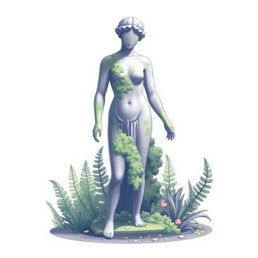 A statue with perfectly symmetrical features, showing signs of decay and wear over time. The statue stands in the center of a garden, partially covered in moss and climbing vines. Surrounding the statue, there is an abundance of lush green foliage, including various plants and ferns. The scene highlights the contrast between the statue's aged surface and the vibrant life in the garden. The ground is dotted with petals and leaves, adding to the overall natural setting.