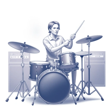 A drummer is positioned at the center of a brightly lit stage, surrounded by an array of drums and cymbals. The drummer is intensely focused, with a determined expression, as they perform a dynamic solo. The drumsticks are in motion, creating a flurry of sparks that fly outward, illuminating the air around them. The drummer's hands are skillfully gripping the sticks, and their feet work the bass drum pedal with precision. In the background, blurred outlines of amplifiers and equipment are visible, enhancing the atmosphere of a live performance.