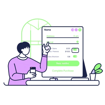 A user is focused on a simple and modern checkout page displayed on a screen. The user has short hair and is seated at a desk, holding a smartphone in their right hand while using the left hand to click on the screen. The checkout page shows fields for entering information, such as "Name," "Address," and "Payment Method." Icons representing payment options are visible, along with a prominent "Complete Purchase" button that stands out. A light source from the window illuminates the workspace, creating a clean atmosphere.