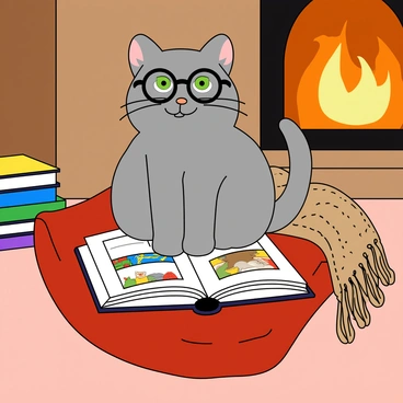 A content cat with gray fur and bright green eyes is sitting comfortably on a plush red cushion. The cat is wearing round, oversized glasses that sit slightly askew on its nose. In front of the cat is an open book with colorful illustrations, resting on its lap. The book pages are slightly fluttering as if a gentle breeze is passing through. The backdrop features a cozy fireplace with warm, flickering flames, casting a soft glow over the scene. There is a small pile of neatly stacked books next to the cat, each with colorful spines. A cozy knitted blanket drapes over one side of the cushion, adding to the inviting atmosphere of the space.